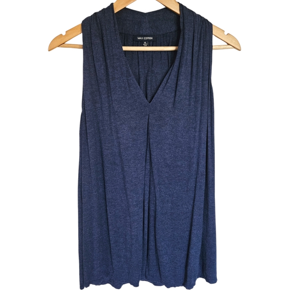 Max Edition‎ navy stretch knit front pleat tank top